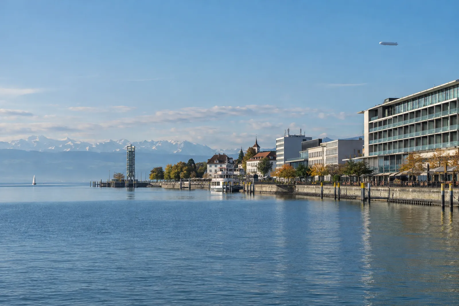 Hotel- und Geschäftsgebäude an der Hafenpromenade von Friedrichshafen mit Bodensee und Alpen im Hintergrund