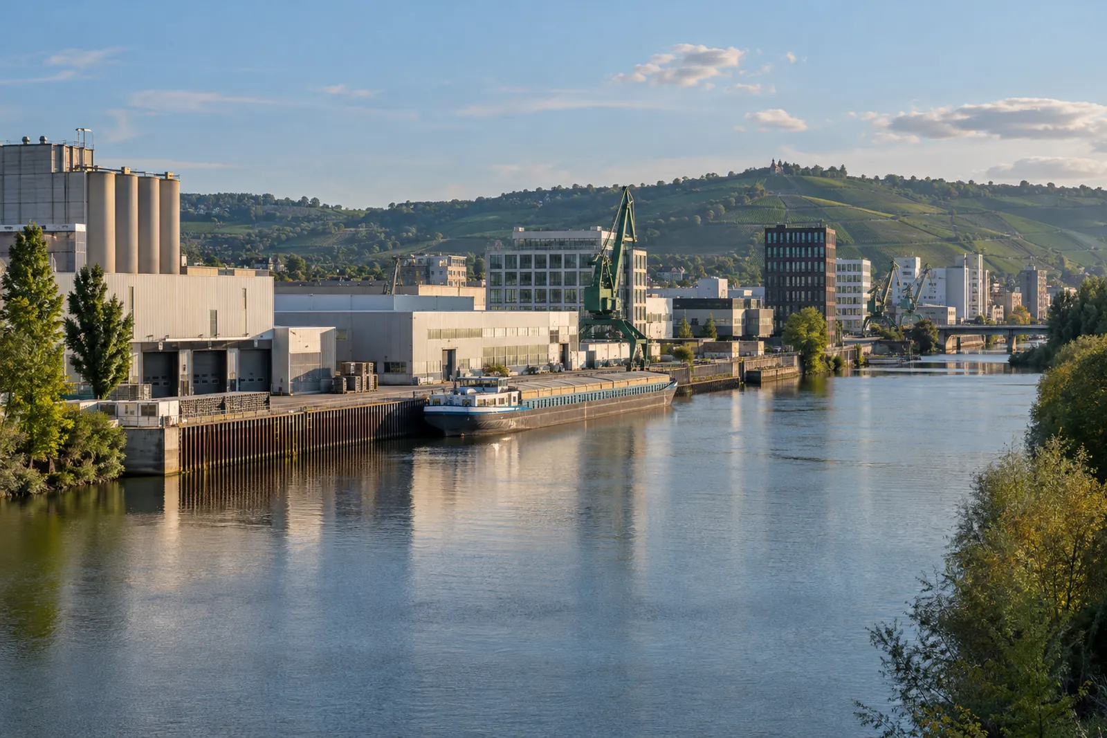 Hallen und Bürogebäude am Neckarhafen in Heilbronn mit Weinbergen im Hintergrund