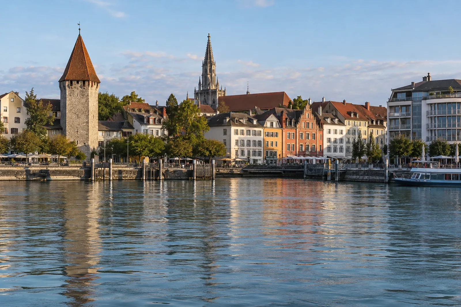 Historische Geschäfts- und Hotelgebäude am Seerhein in Konstanz mit Kirchturm und Bodensee im Hintergrund