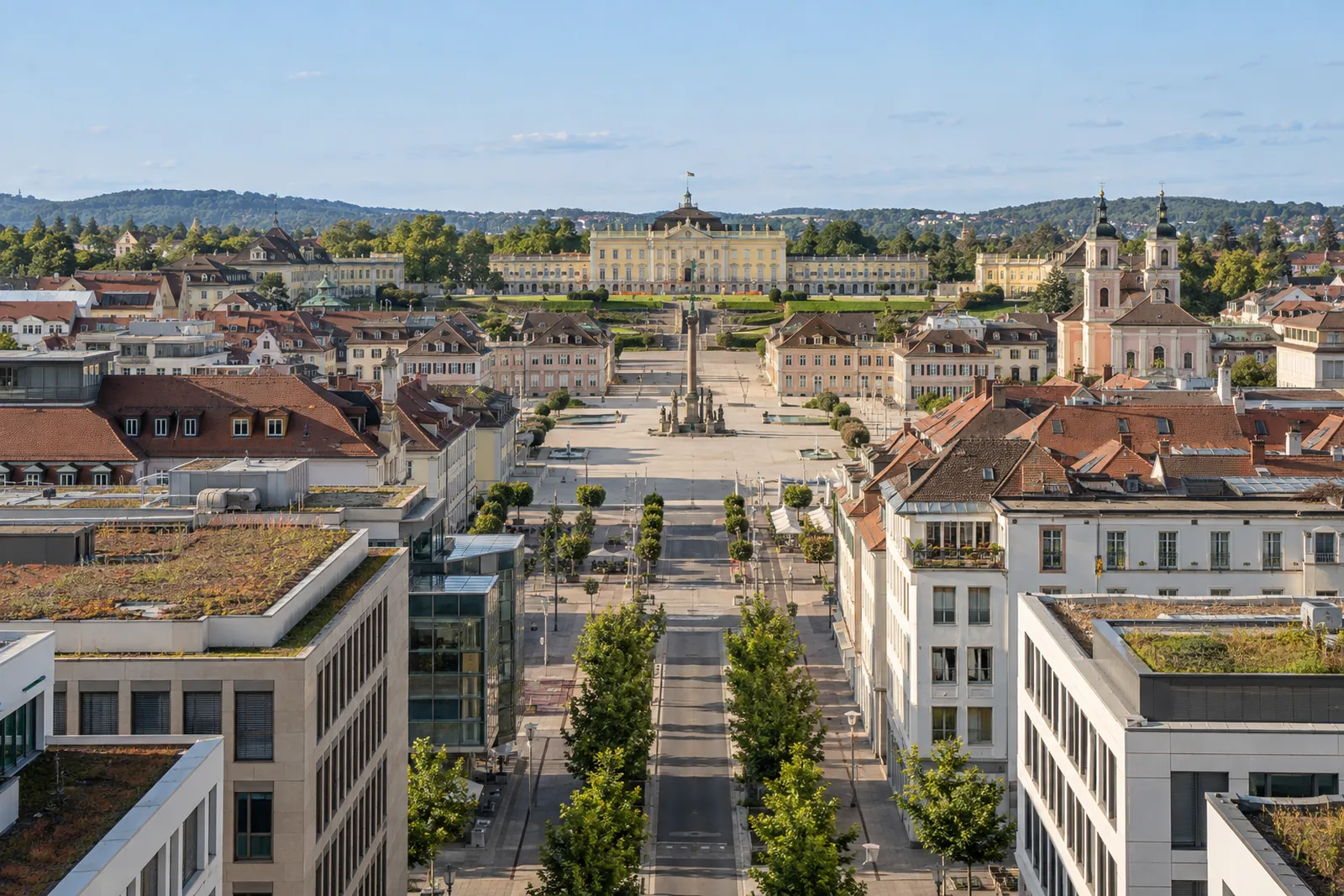 Geschäfts- und Bürogebäude in der Ludwigsburger Innenstadt mit Barockbauten und dem Schloss im Hintergrund