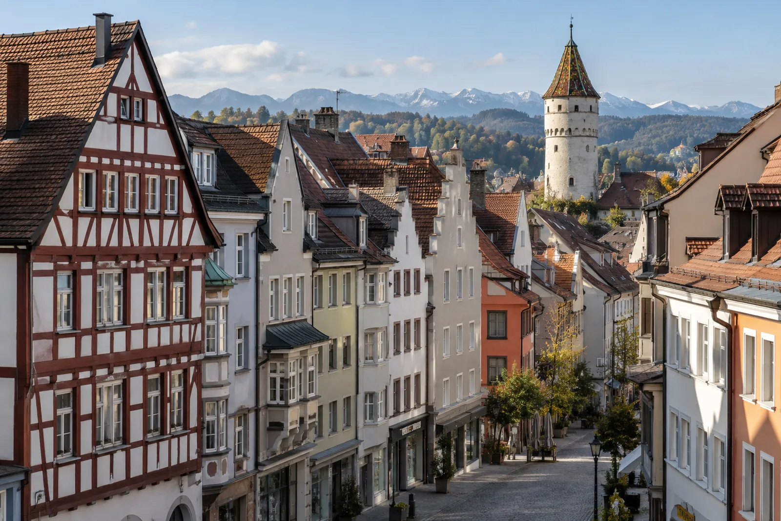 Geschäftshäuser in der Ravensburger Altstadt mit dem Mehlsack-Turm im Hintergrund