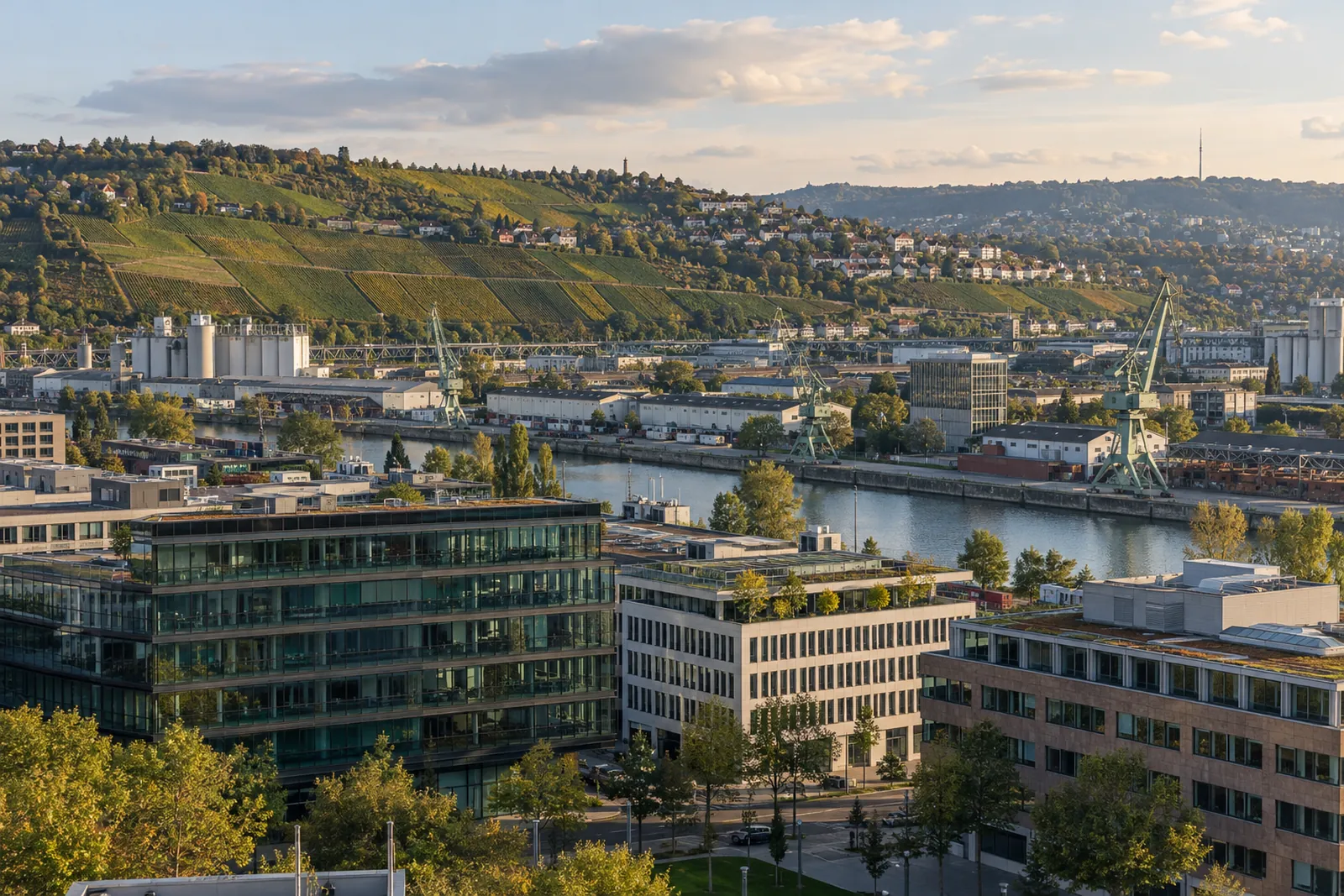 Gewerbe- und Bürogebäude im Stuttgarter Talkessel mit Weinbergen und Neckar im Hintergrund