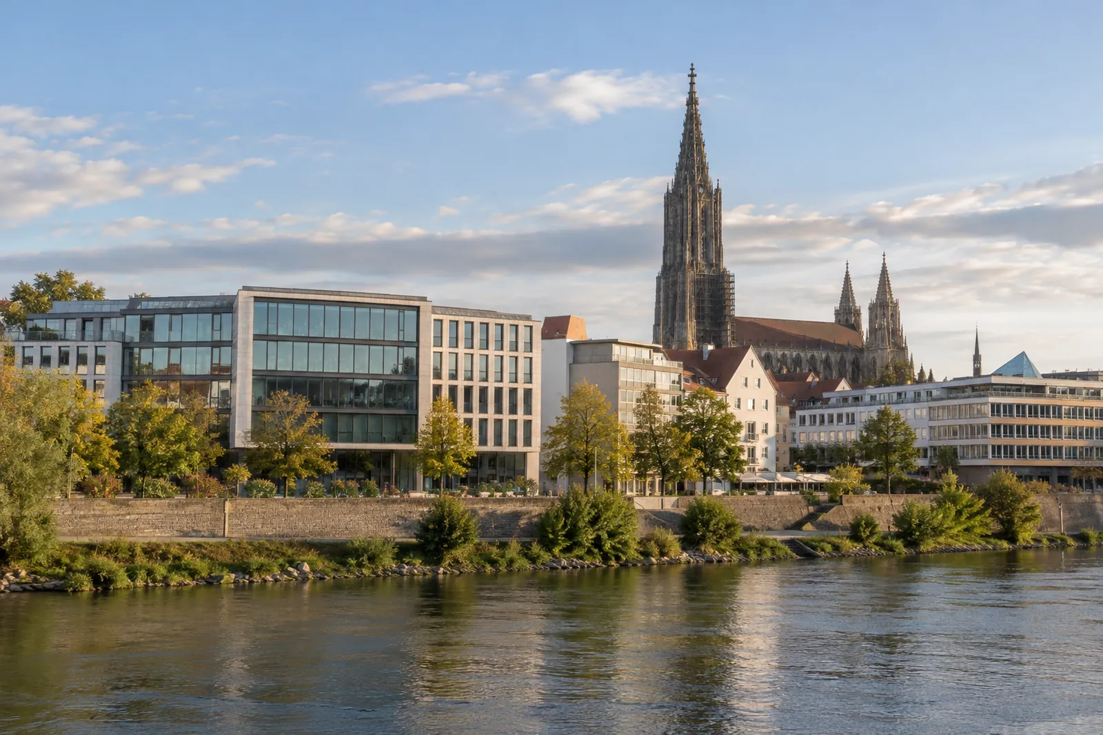 Büro- und Geschäftshäuser in Ulm mit dem Turm des Ulmer Münsters im Hintergrund