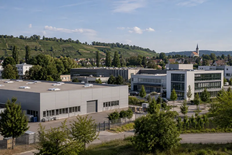 Gewerbehallen und ein Bürogebäude in Waiblingen vor Weinbergen des Remstals